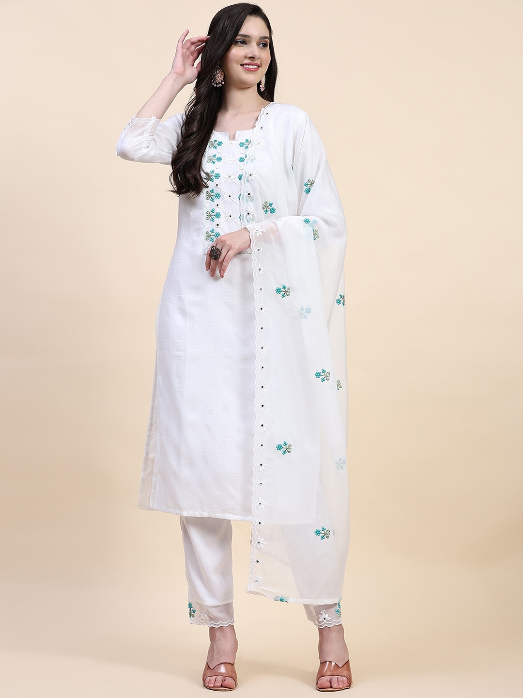 

Nivah Fashion Floral Embroidered Pure Cotton Kurta with Trousers & Dupatta, White