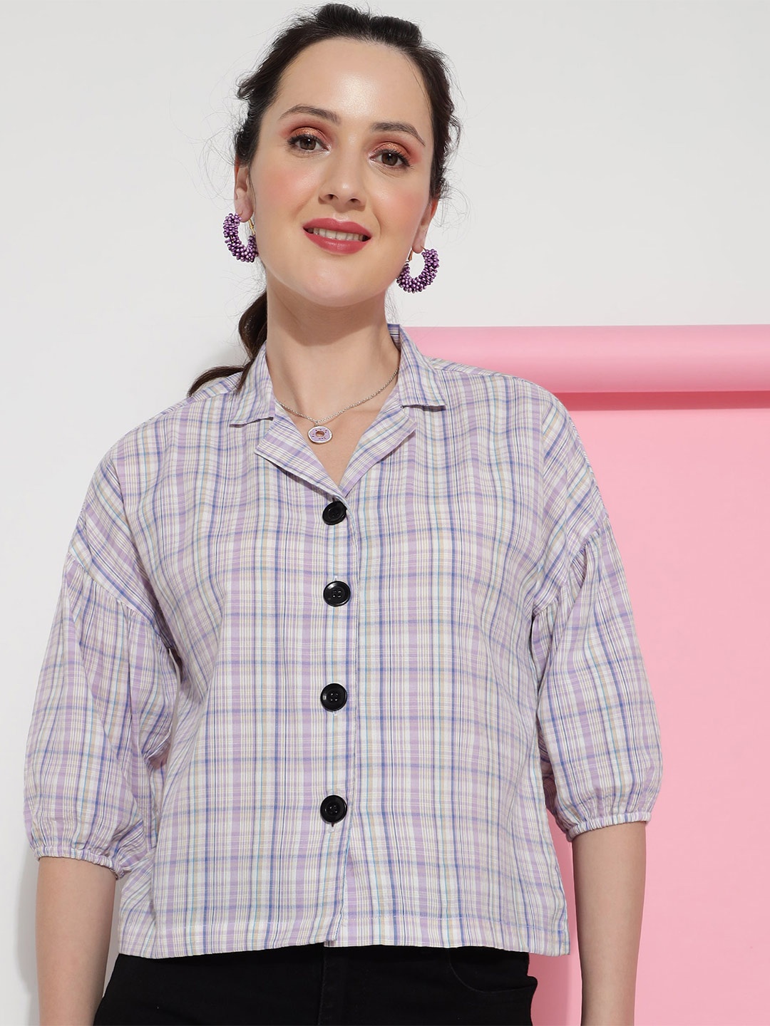 

Colors of Earth Classic Tartan Checked Oversize Cotton Casual Shirt, Purple