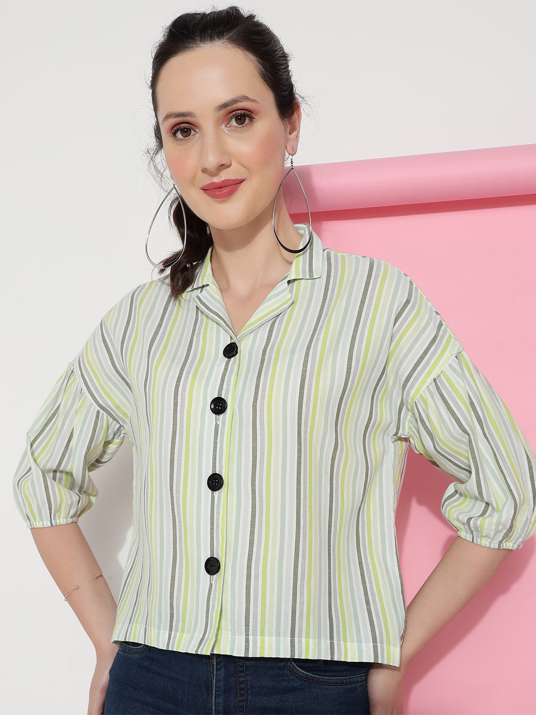 

Colors of Earth Classic Striped Oversize Cotton Casual Shirt, Green