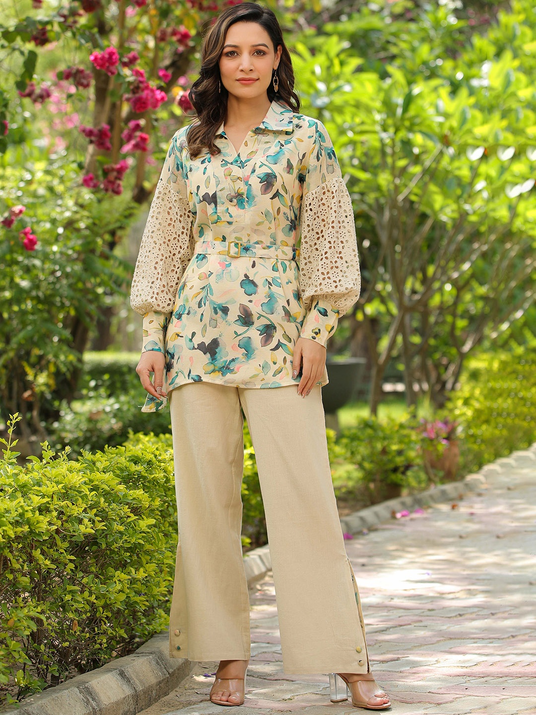 

Rangeelo Floral Printed Shirt-Collar Schiffli Top With Palazzo, Beige