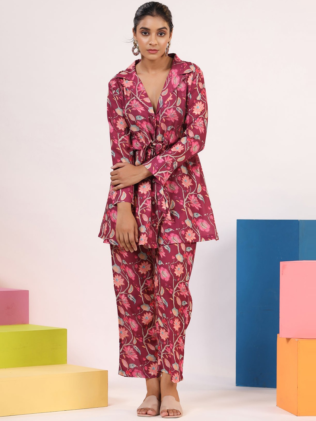 

Rangeelo Floral Printed Shirt Collar Long Sleeve Co-Ords, Burgundy