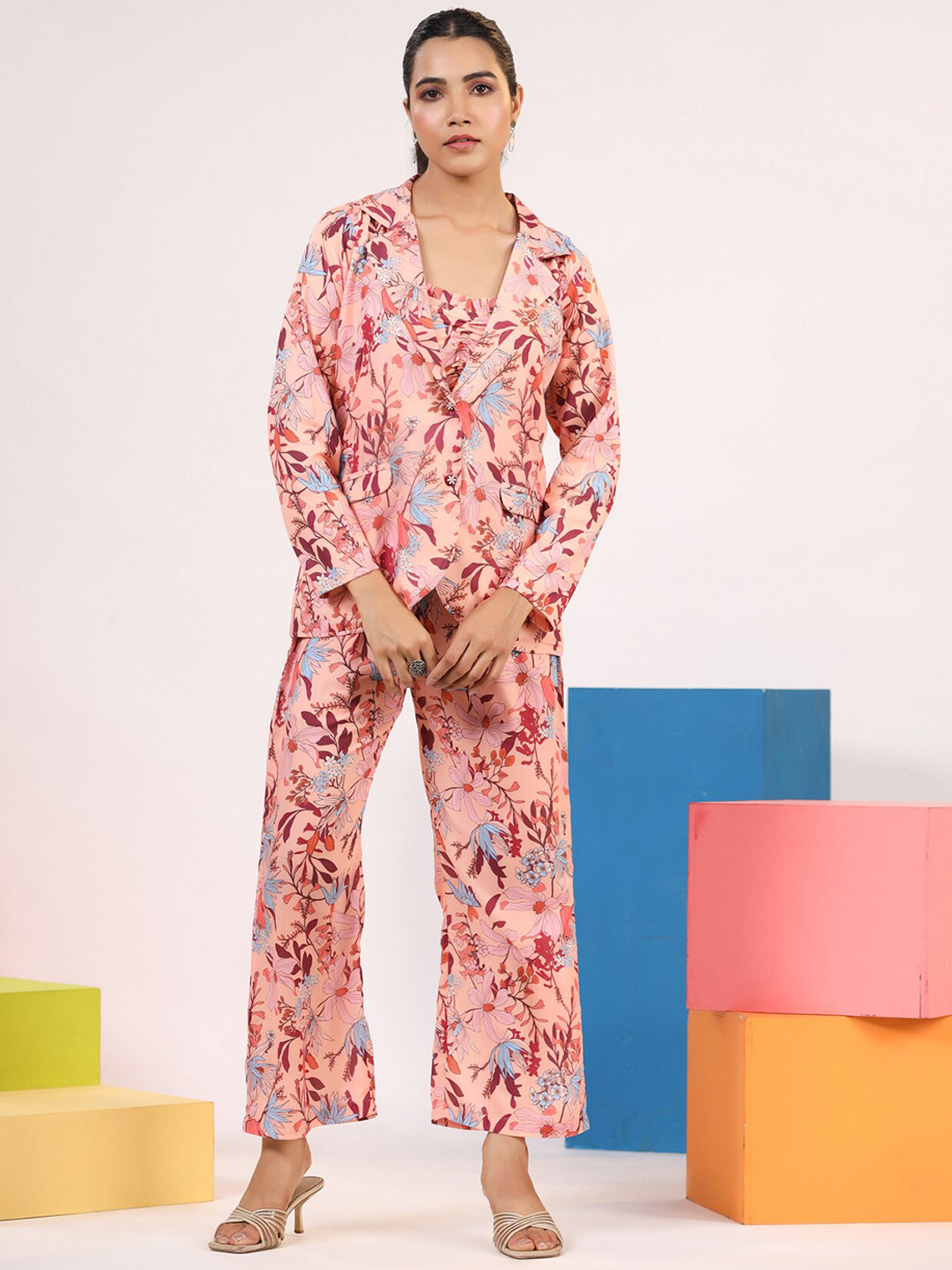 

Rangeelo Floral Printed Round Neck, Sleeveless Co-Ords With Jacket, Peach