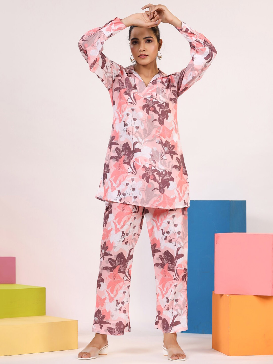 

Rangeelo Floral Printed Shirt Collar Long Sleeve Co-Ords, Peach