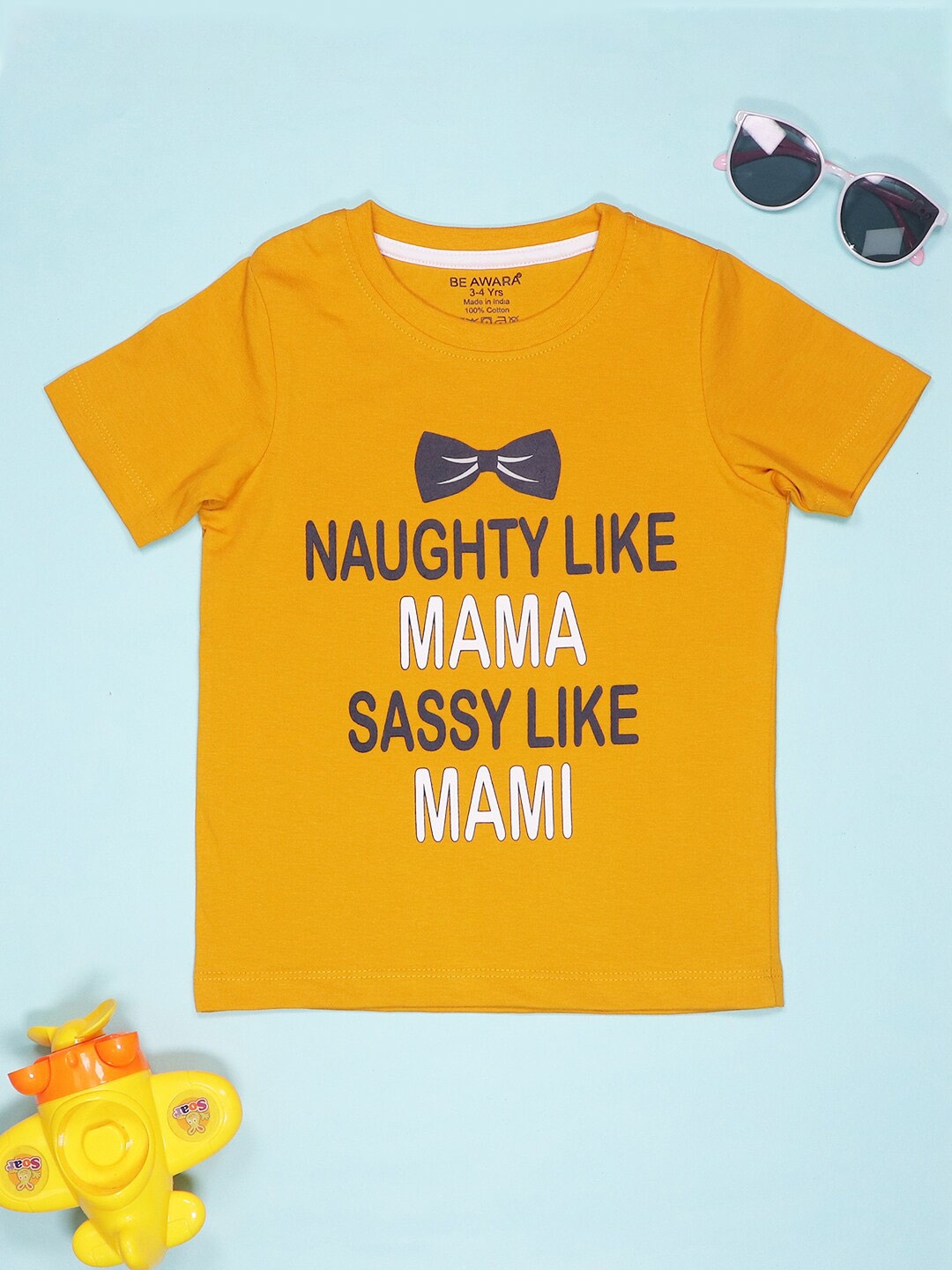 

BE AWARA Kids Typography Printed Round Neck Short Sleeves Cotton T-shirt, Yellow