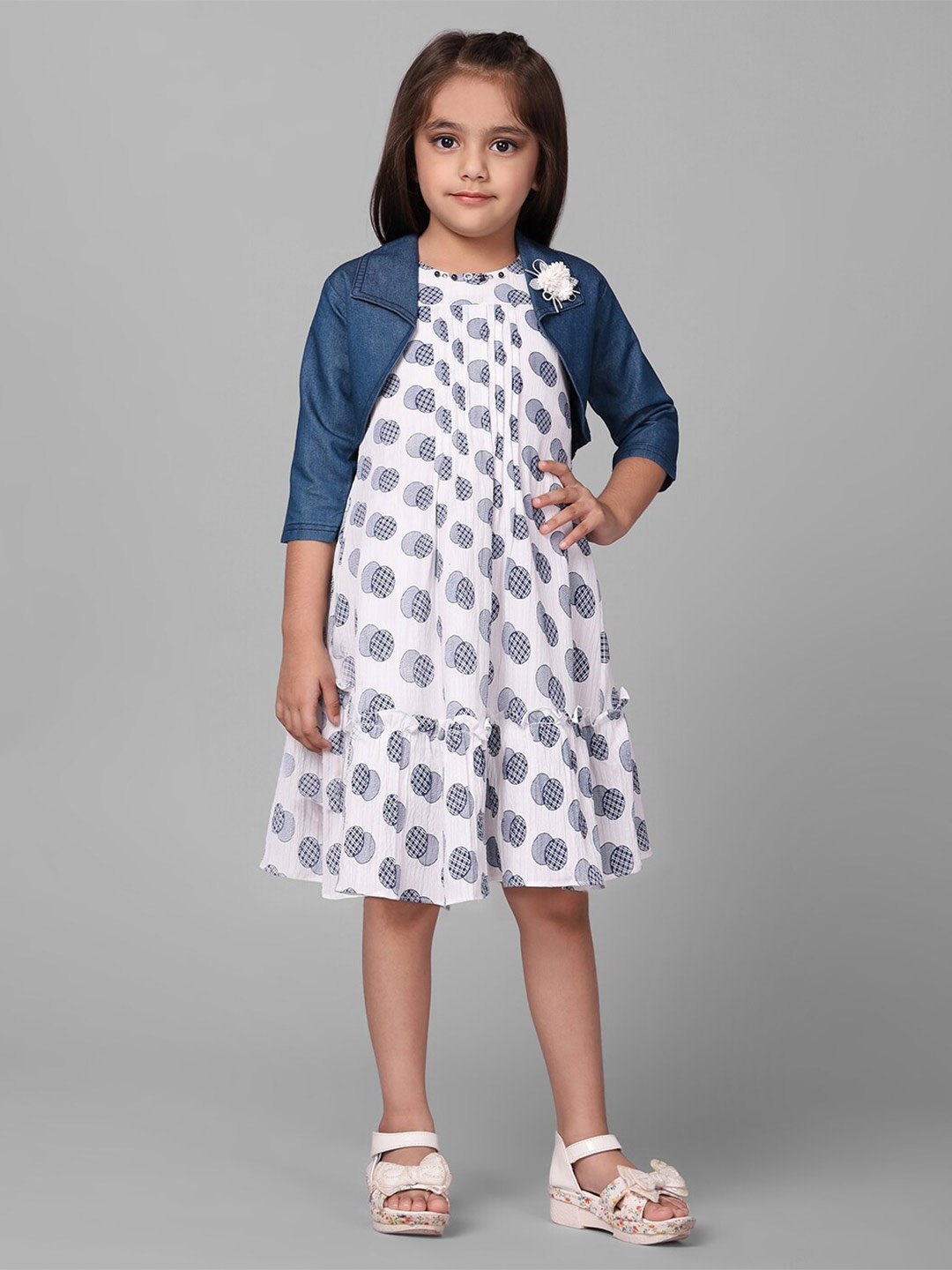 

Macwin Girls Polka Dot Printed Crepe A-Line Dress With Jacket, White
