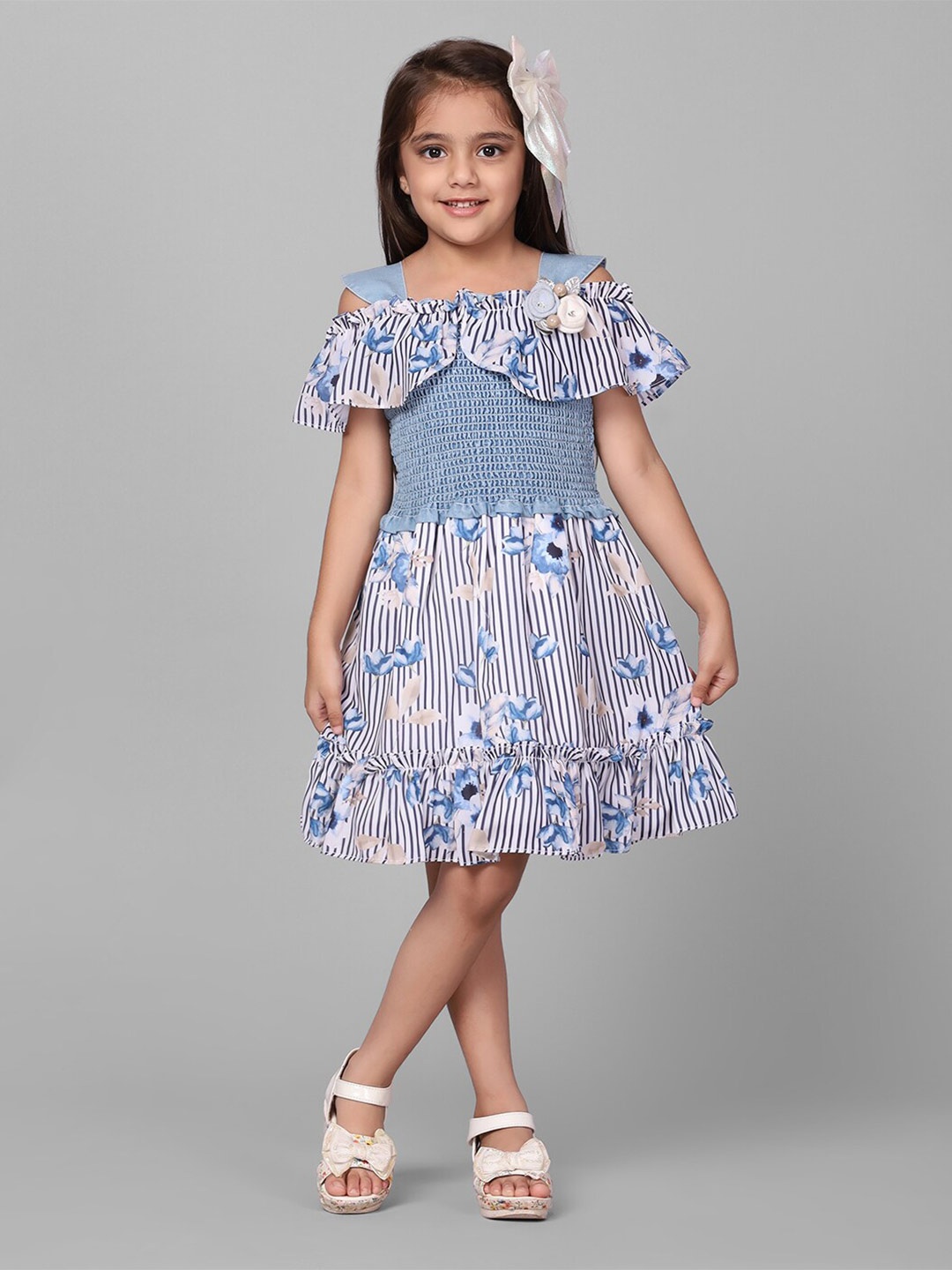 

Macwin Girls Floral Printed Smocked Fit & Flare Dress, Blue