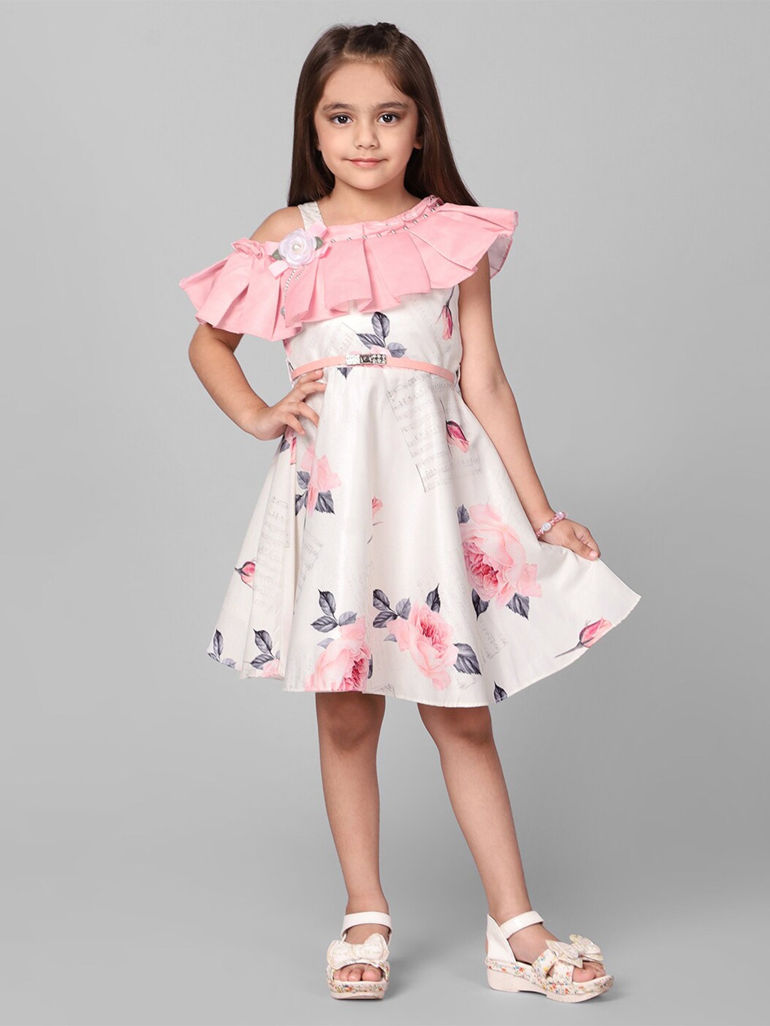 

Macwin Floral Printed Belted Satin A-Line Dress, Pink