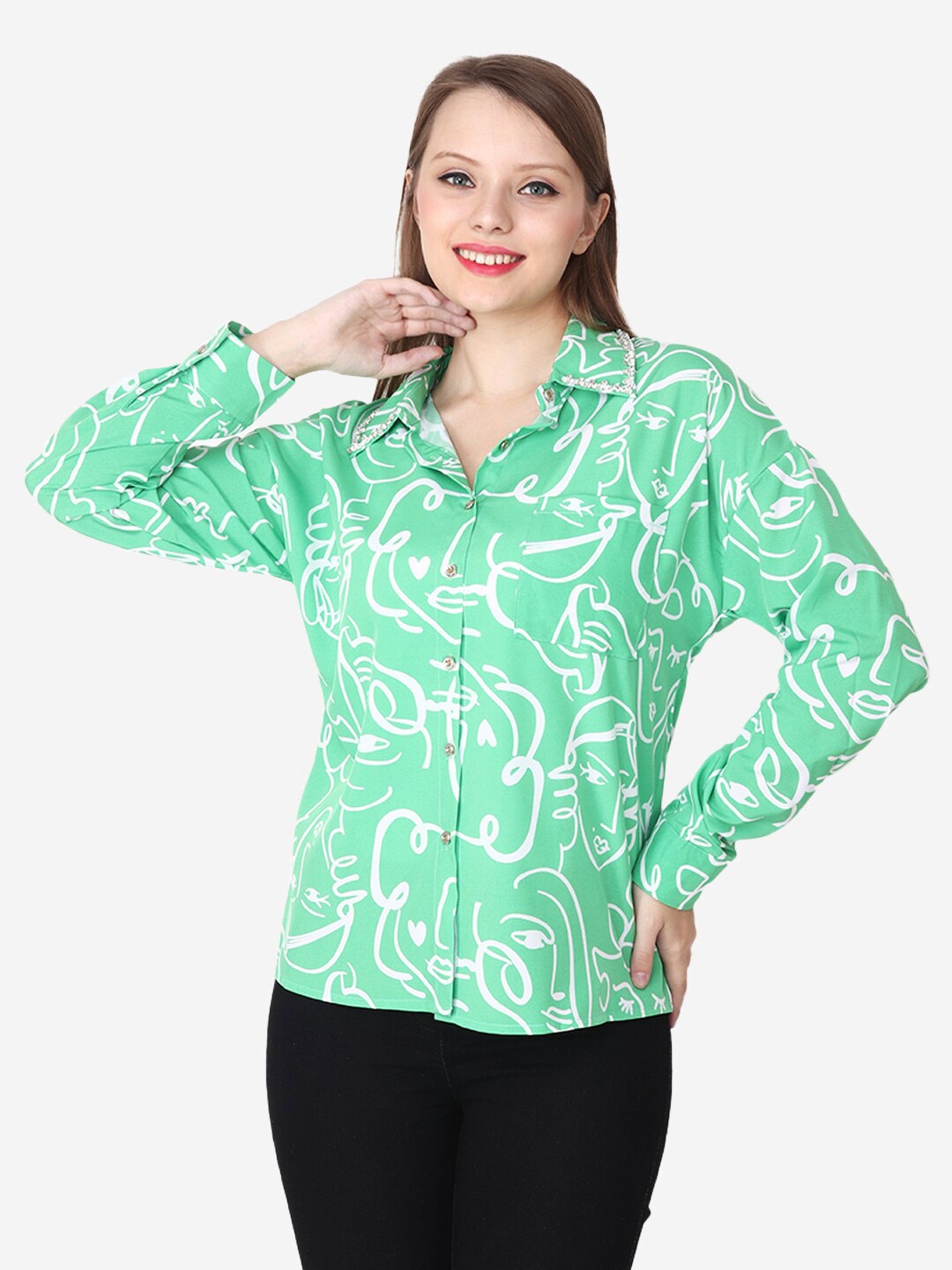 

Steele Classic Abstract Printed Spread Collar Casual Shirt, Green