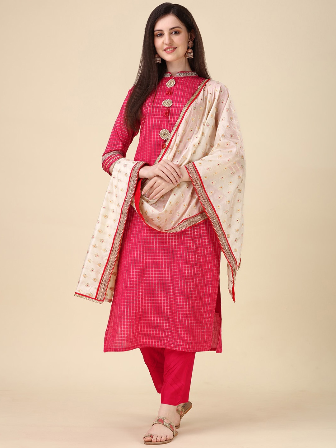 

KALINI Checked Beads And Stones Chanderi Cotton Kurta With Trousers & Dupatta, Pink