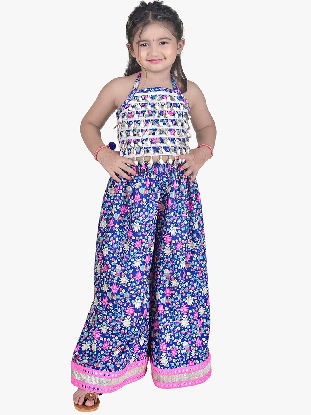 

Jilmil Girls Embellished Halter Neck Sleeveless Top & Mirror Work Palazzos, Blue
