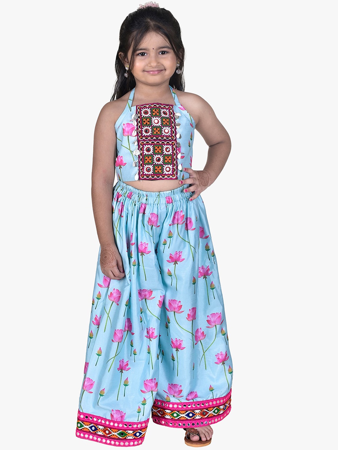 

Jilmil Girls Ethnic Motifs Printed Halter Neck Mirror Work Top & Palazzo, Blue