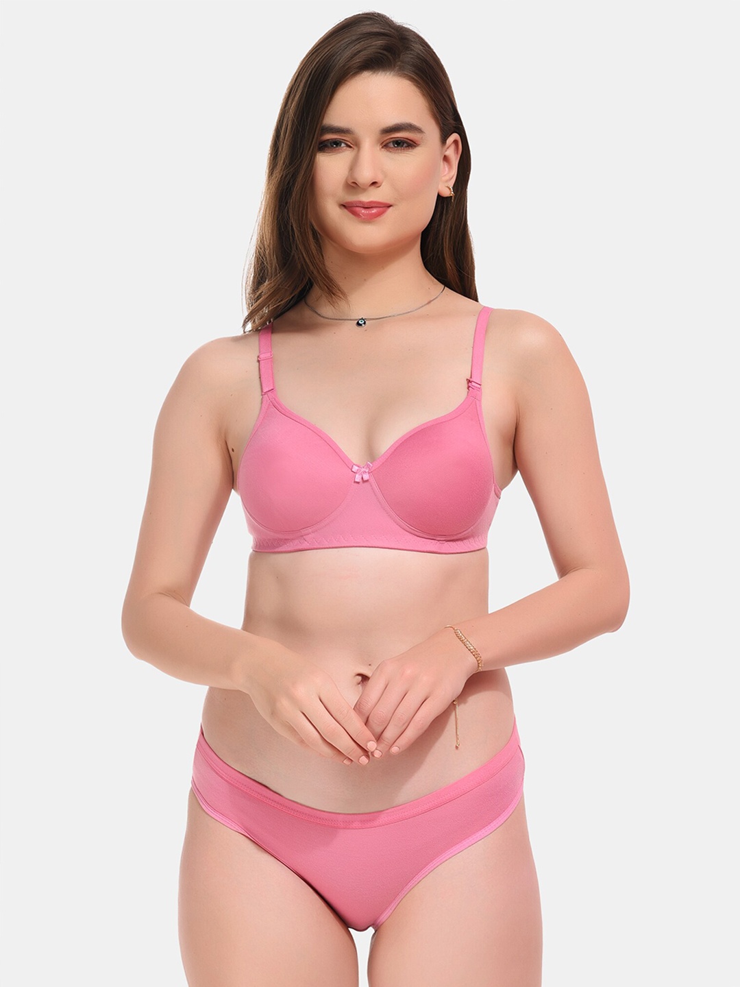 

ESOROUCHA Lightly Padded Non Wired Lingerie Set, Pink