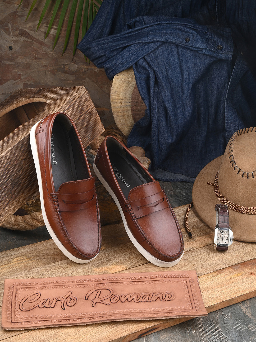 

CARLO ROMANO Men Lightweight Comfort Insole Leather Penny Loafers, Tan
