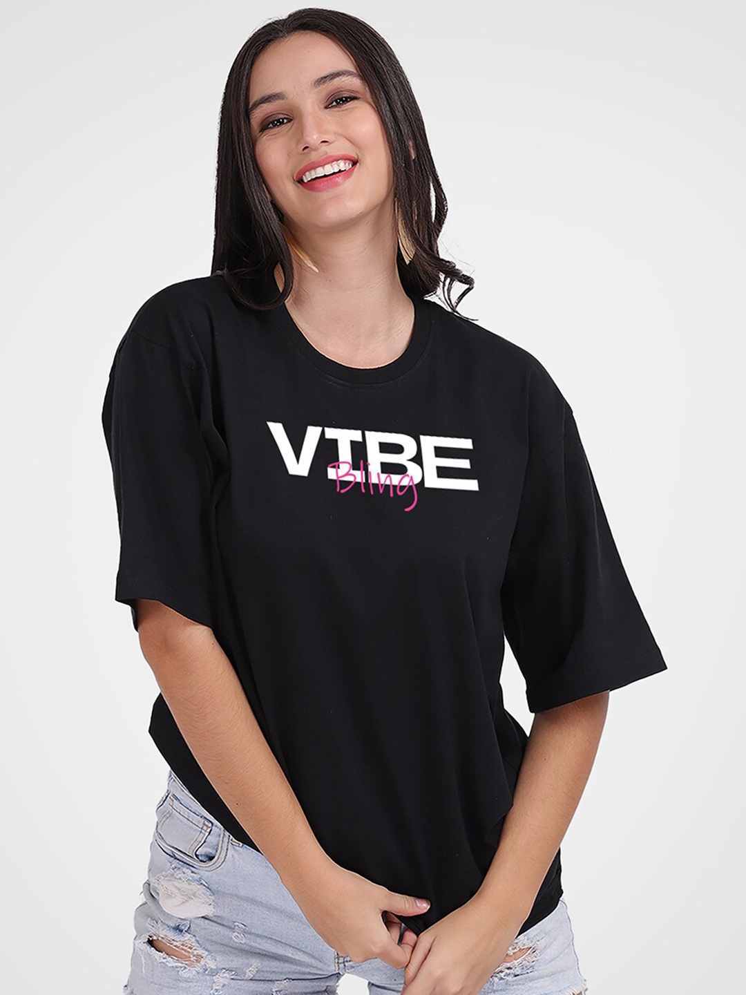 Mad Over Print Typography Printed Drop-Shoulder Sleeves Cotton Oversized T-shirt, Black