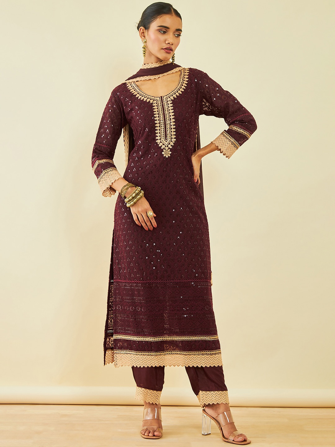 

Soch Women Maroon Embroidered Regular Sequinned Kurta with Trousers & With Dupatta