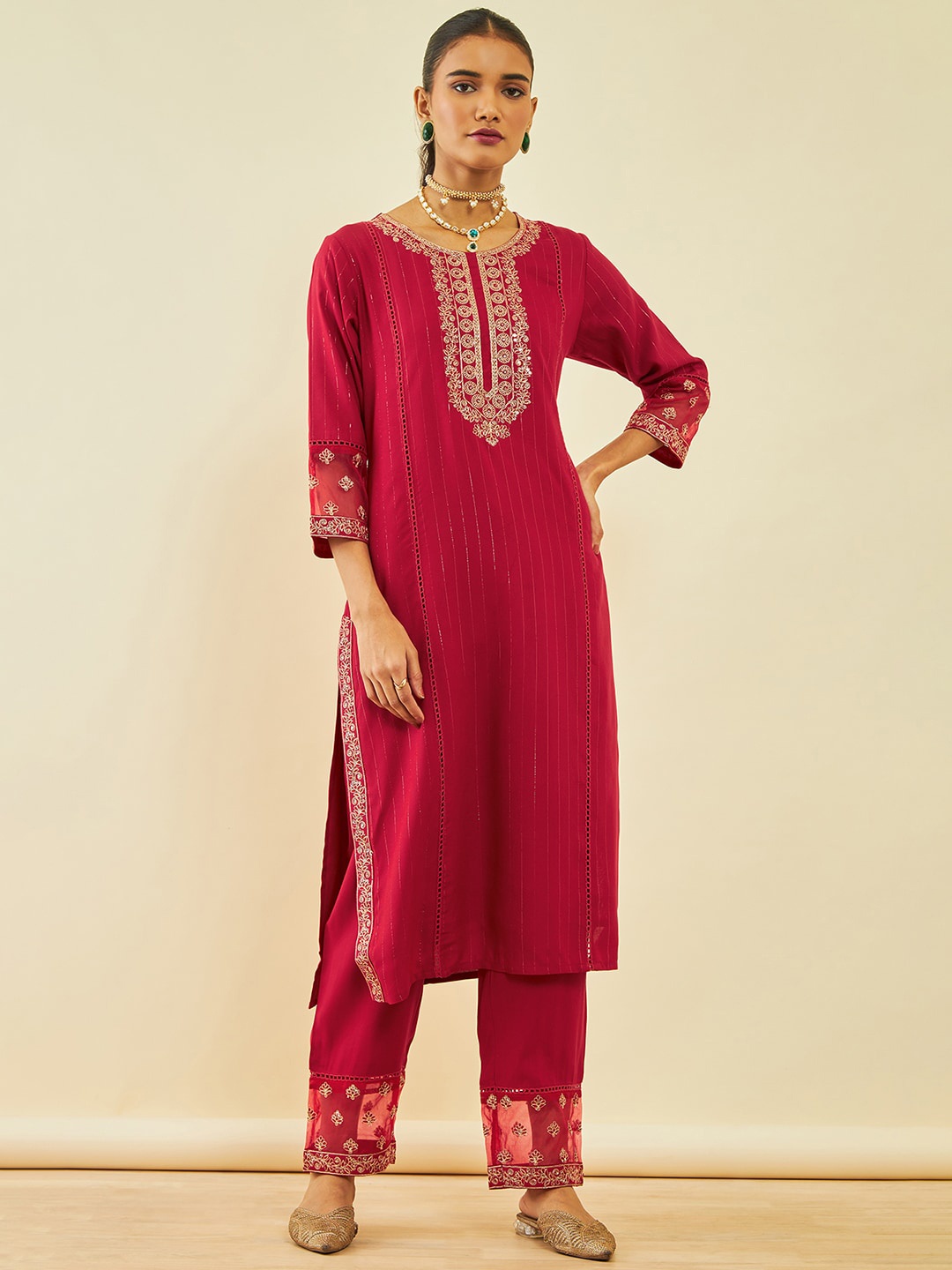 

Soch Floral Embroidered Regular Sequinned Kurta With Trousers, Red