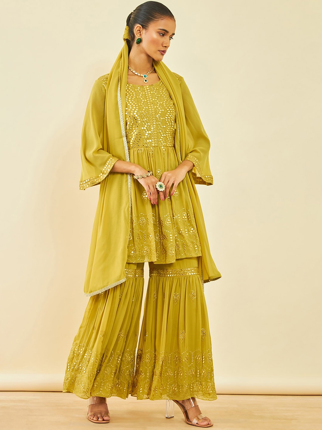 

Soch Floral Embroidered Pleated Mirror Work Kurta With Sharara & Dupatta, Mustard