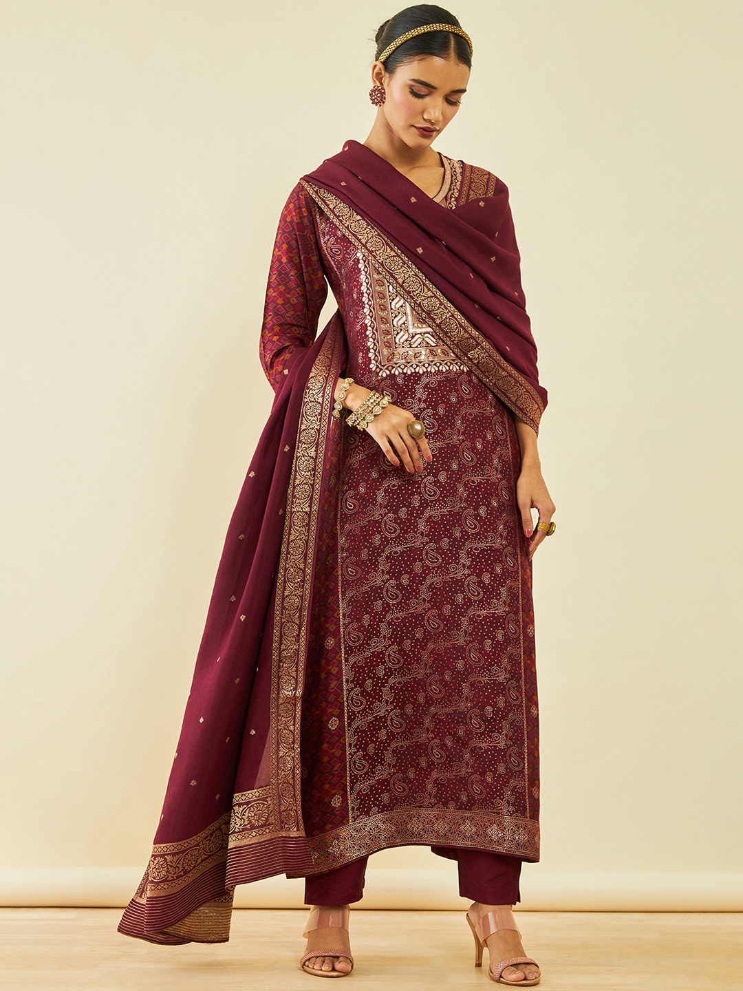 

Soch Ethnic Motifs Woven Design Zari Kurta With Trousers & Dupatta, Maroon