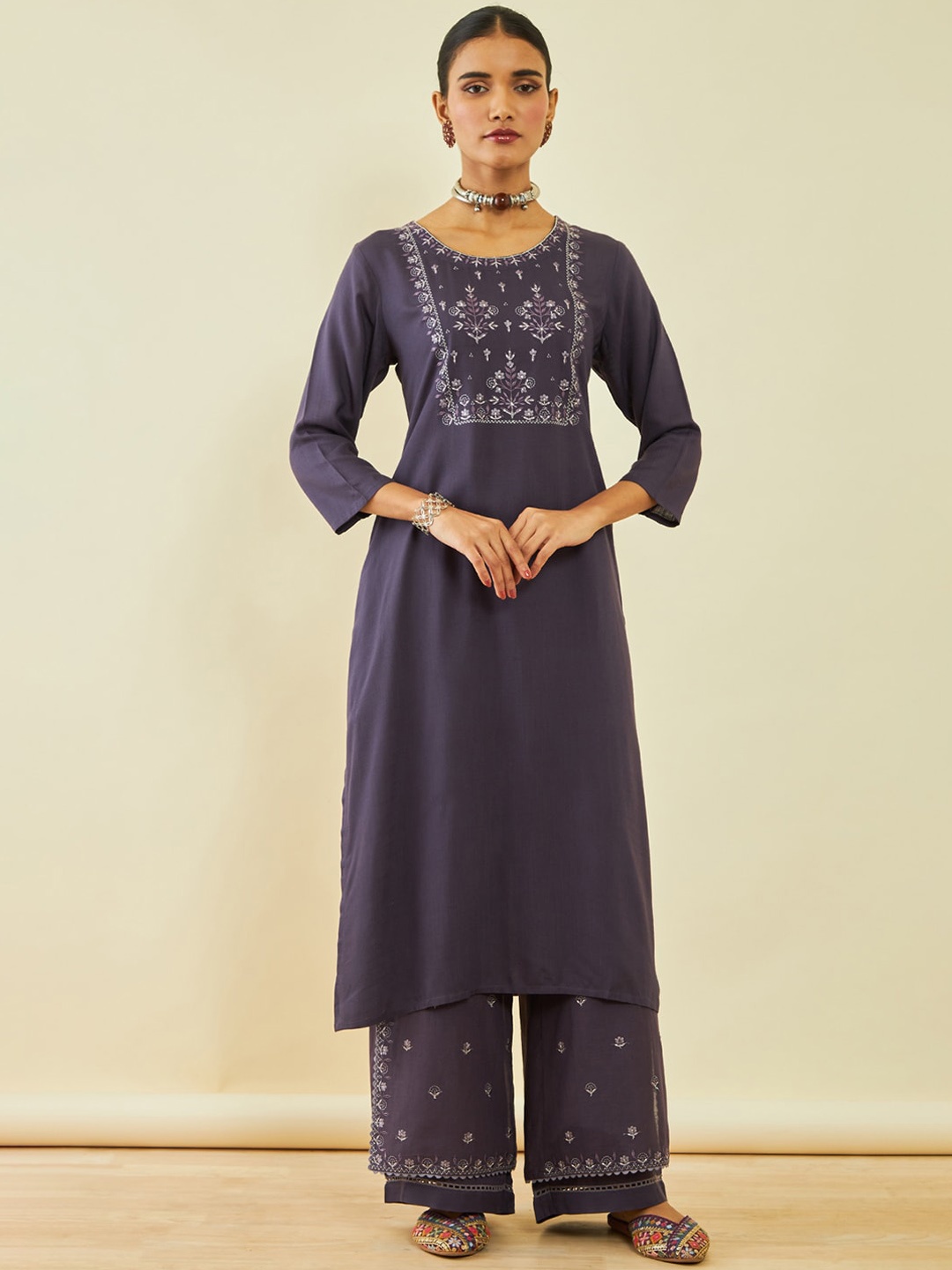 

Soch Floral Embroidered Regular Kurta With Palazzos, Purple