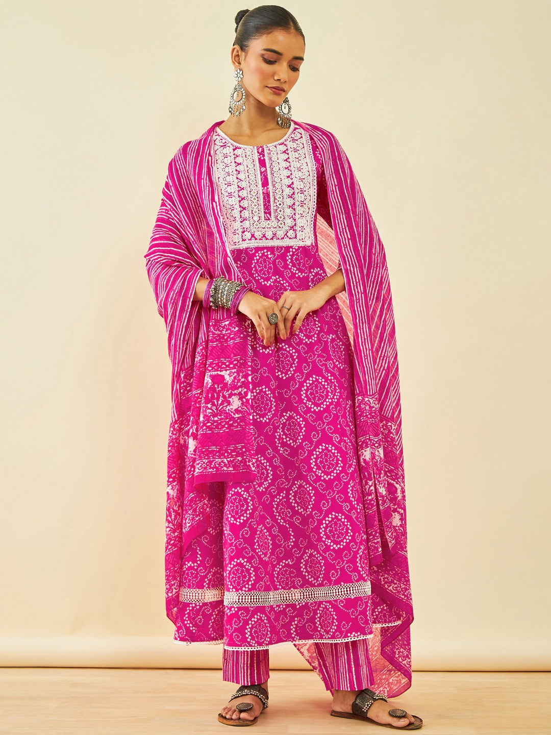 

Soch Bandhani Printed Regular Sequinned Pure Cotton Kurta With Trousers & Dupatta, Pink