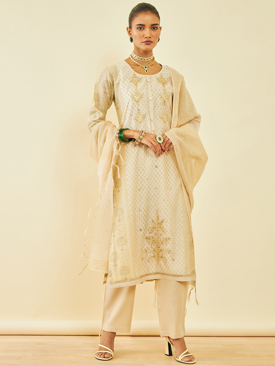 

Soch Ethnic Motifs Printed Mirror Work Kurta With Trousers & Dupatta, Beige