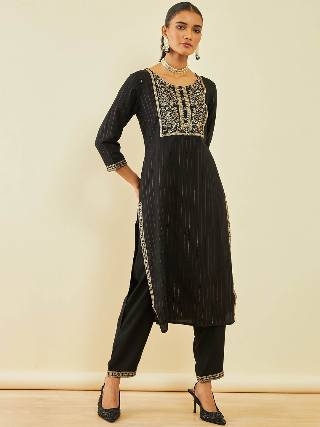 

Soch Ethnic Motifs Embroidered Regular Sequinned Kurta With Trousers, Black