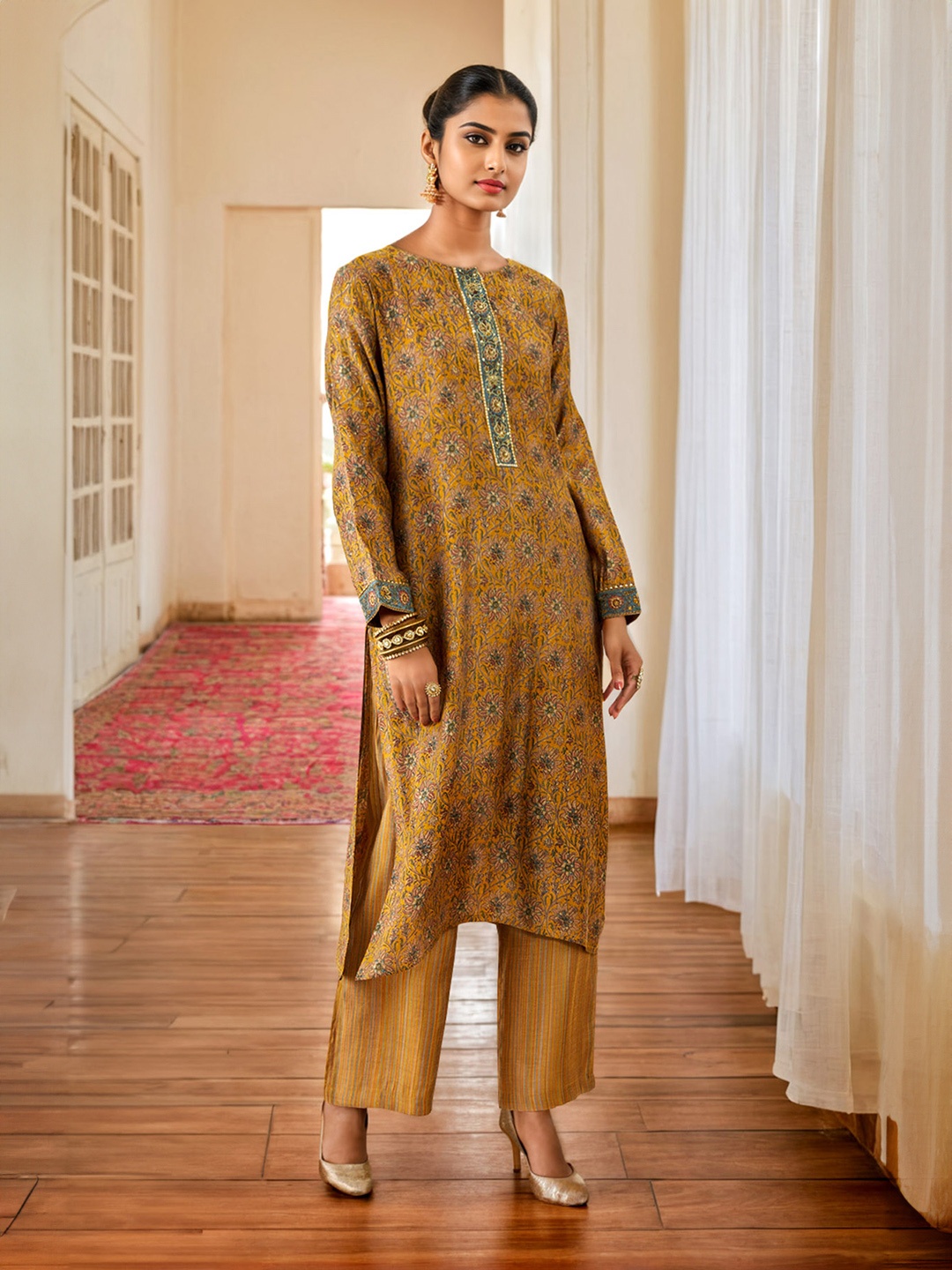 

Soch Floral Printed Regular Sequinned Kurta With Trousers, Mustard