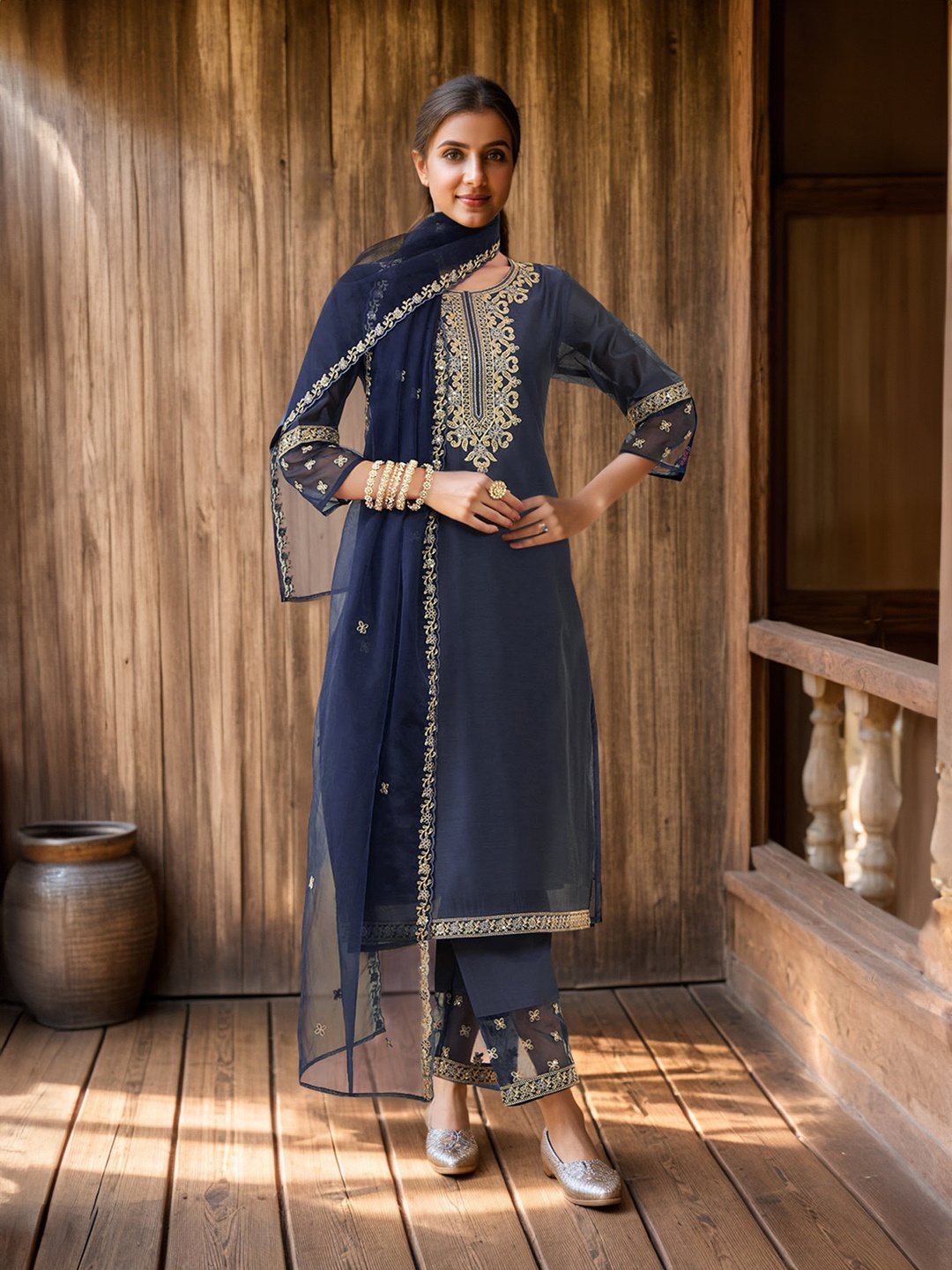 

Soch Ethnic Motifs Embroidered Regular Sequinned Kurta With Trousers & Dupatta, Navy blue