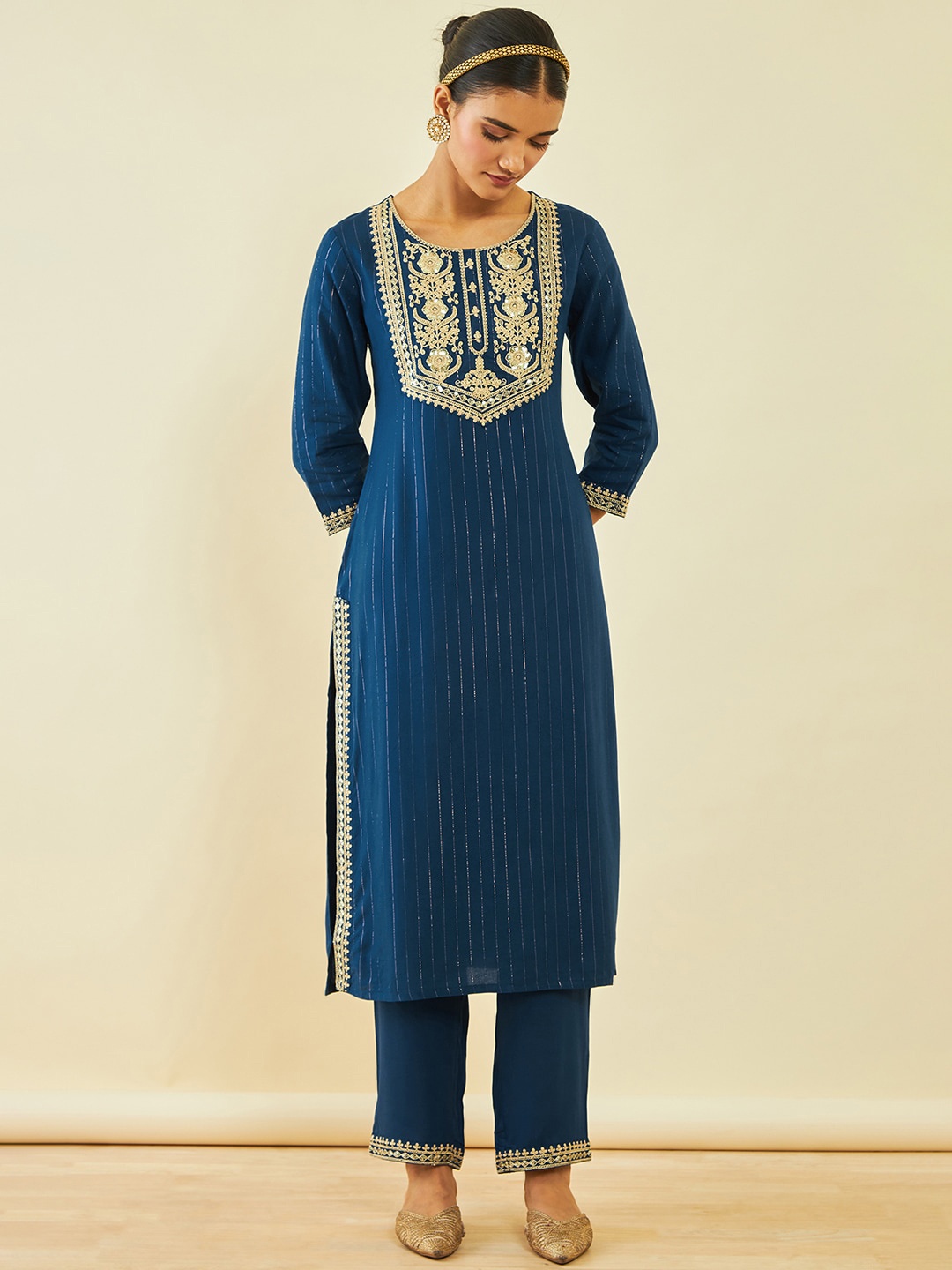 

Soch Ethnic Motifs Embroidered Regular Sequinned Kurta With Trousers, Blue