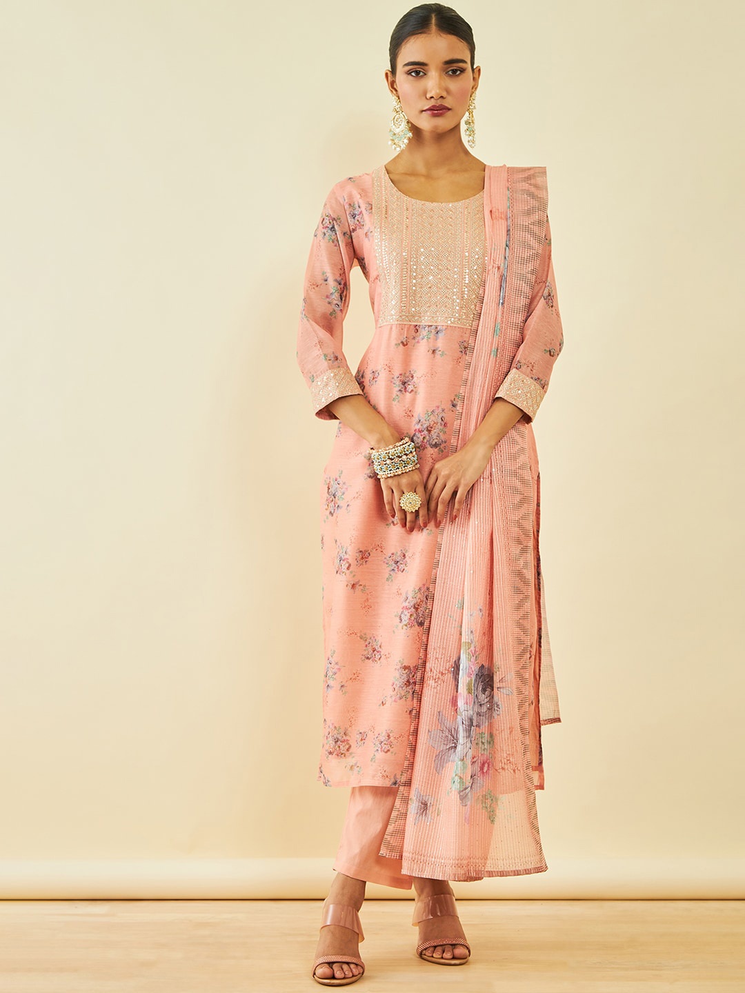 

Soch Floral Printed Regular Sequinned Kurta With Trousers & Dupatta, Peach
