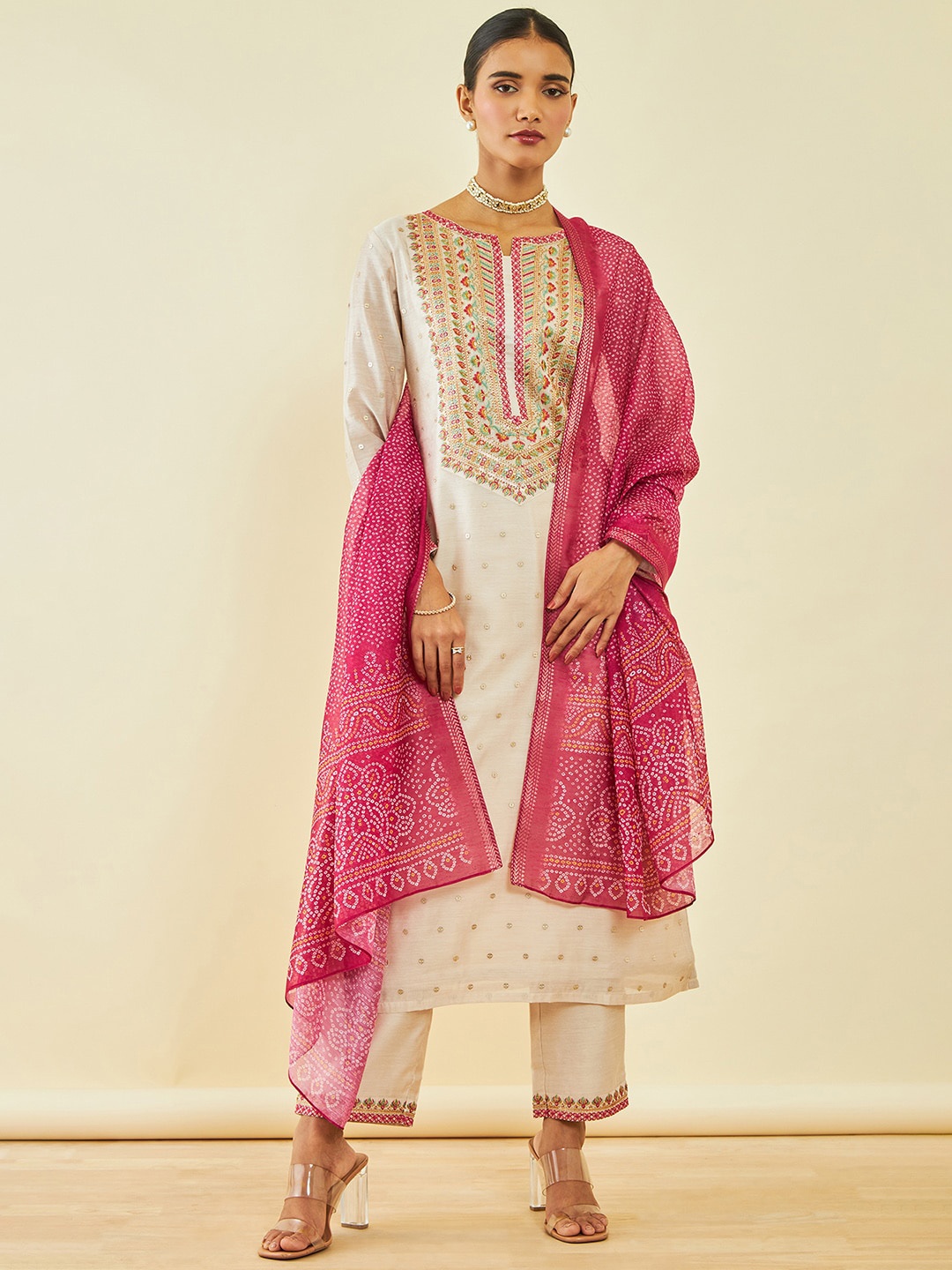 

Soch Bandhani Embroidered Kurta With Trousers & Dupatta, Beige