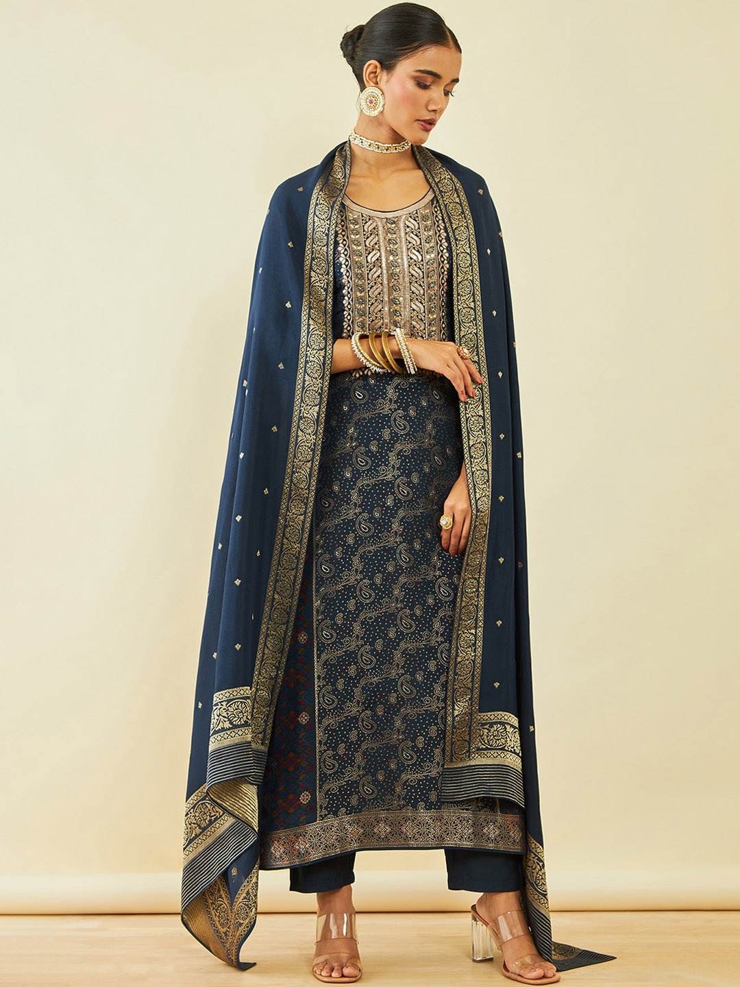 

Soch Ethnic Motifs Regular Kurta With Trousers & Dupatta, Teal