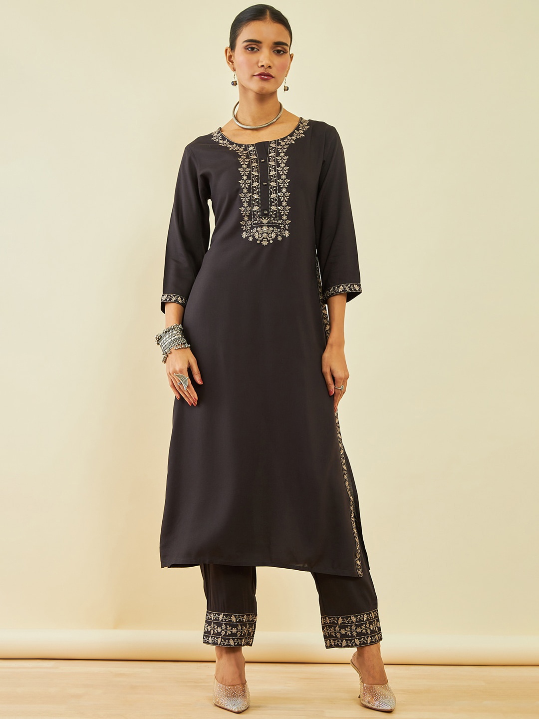 

Soch Ethnic Motifs Embroidered Regular Thread Work Kurta With Trousers, Charcoal