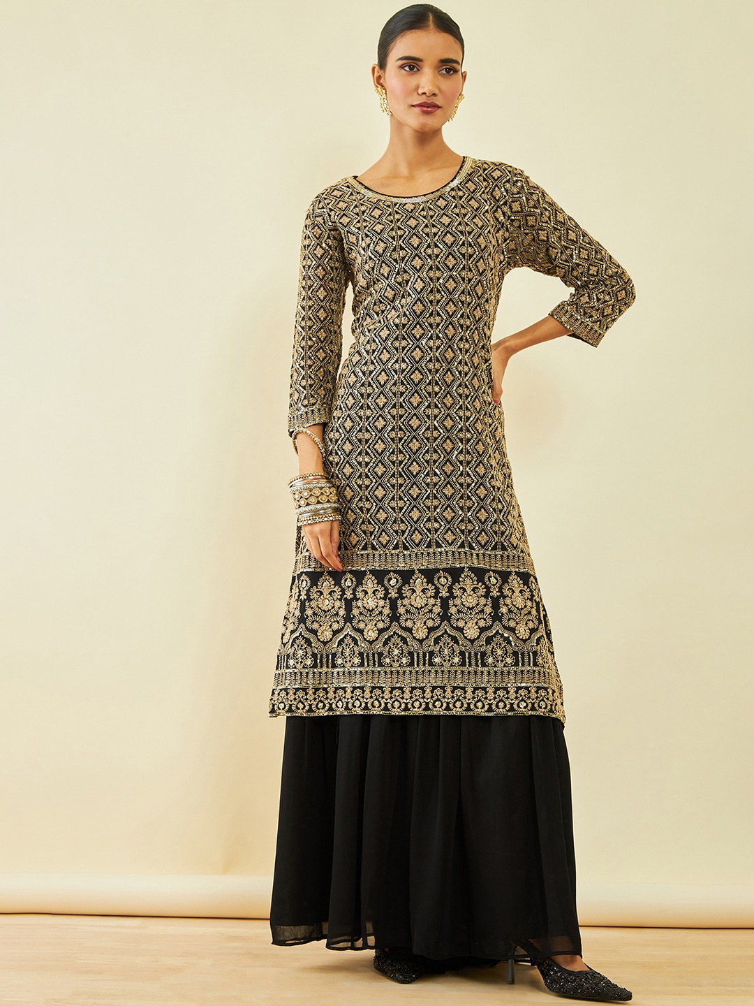 

Soch Black Ethnic Motifs Embroidered Regular Sequinned Kurta with Sharara & Dupatta