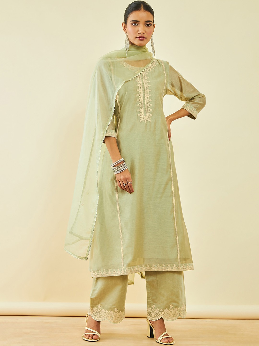 

Soch Green Ethnic Yoke Design Thread Work Chanderi Silk Kurta with Trousers & Dupatta