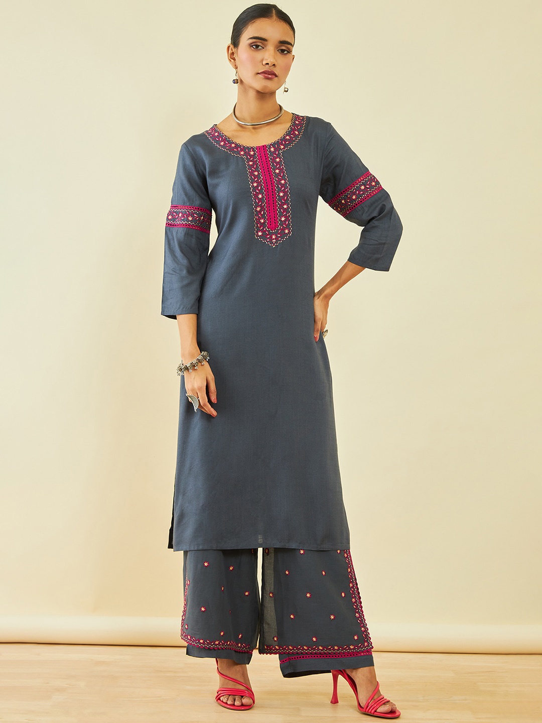 

Soch Grey Ethnic Motifs Yoke Deign Regular Thread Work Kurta With Palazzos