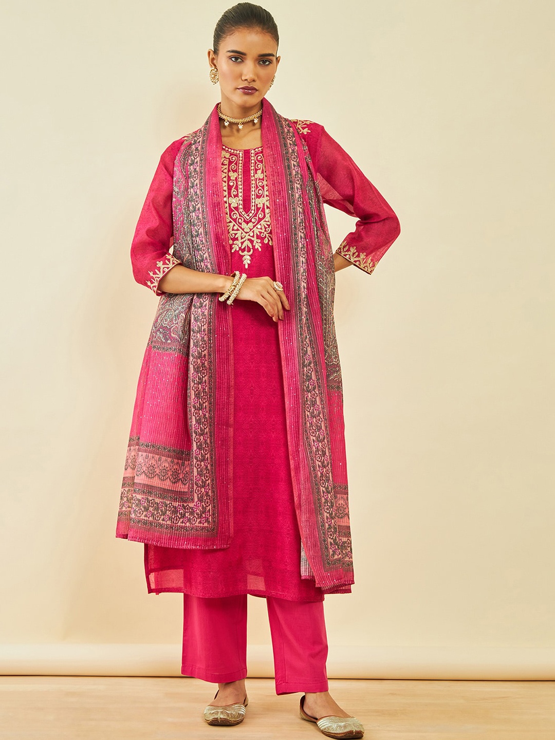 

Soch Pink Ethnic Motifs Embroidered Sequinned Chanderi Silk Kurta with Trousers & Dupatta