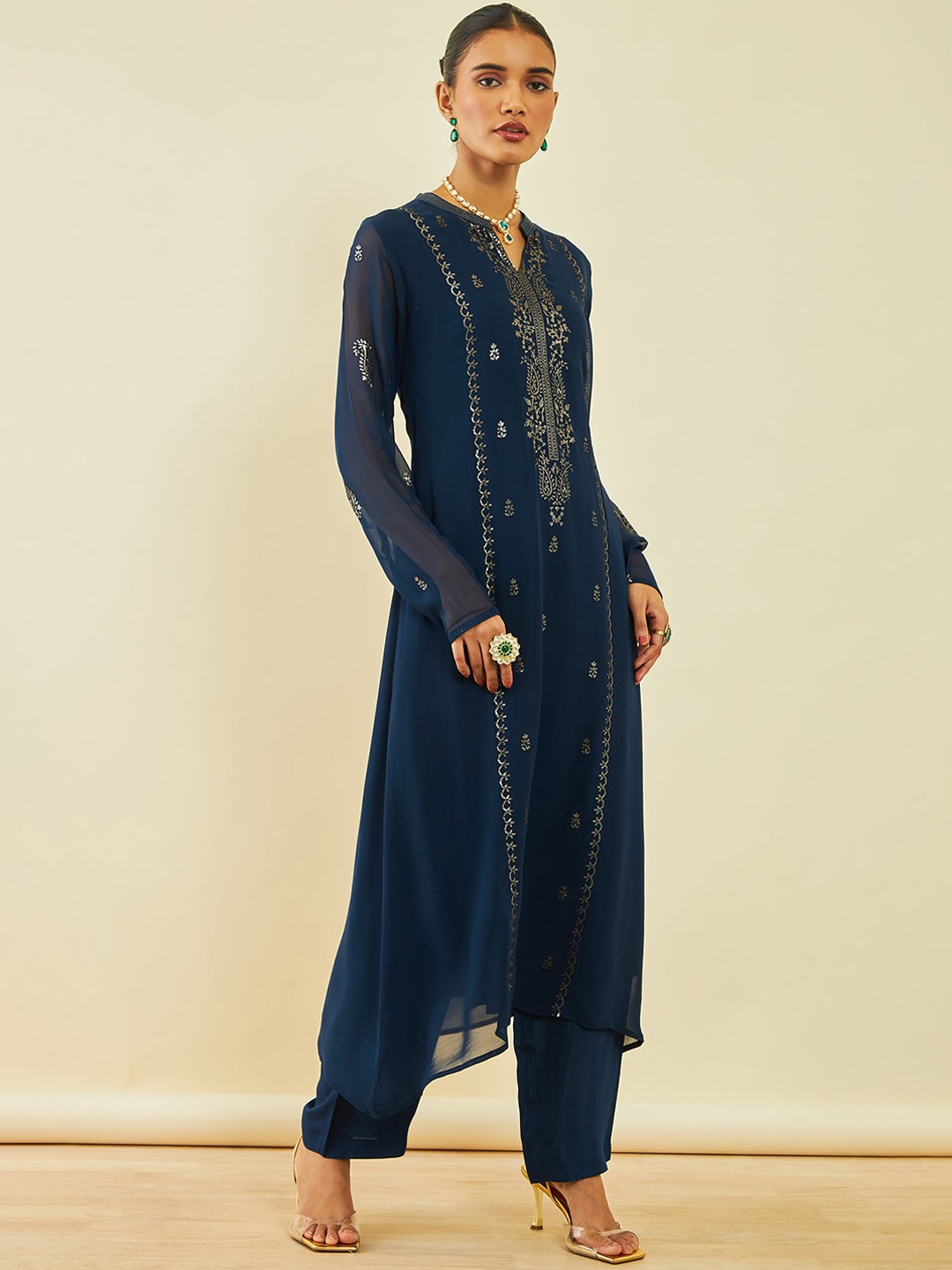 

Soch Blue Ethnic Motifs Embroidered Regular Sequinned Kurta with Trousers