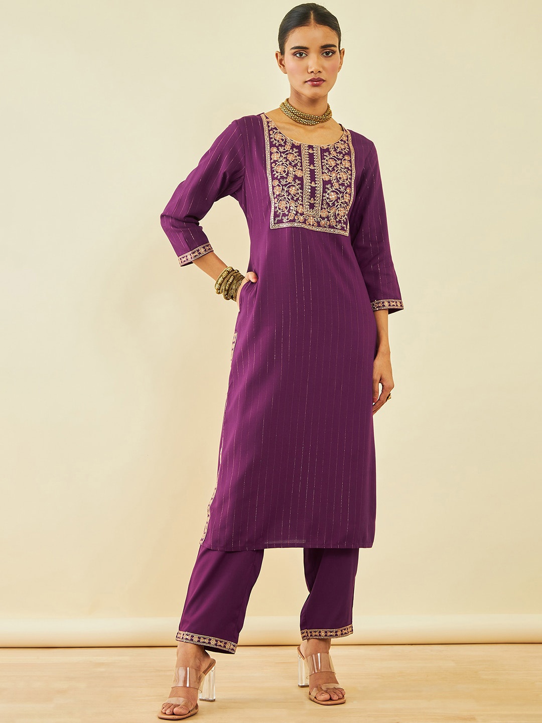 

Soch Burgundy Ethnic Yoke Design Regular Sequinned Kurta with Trousers