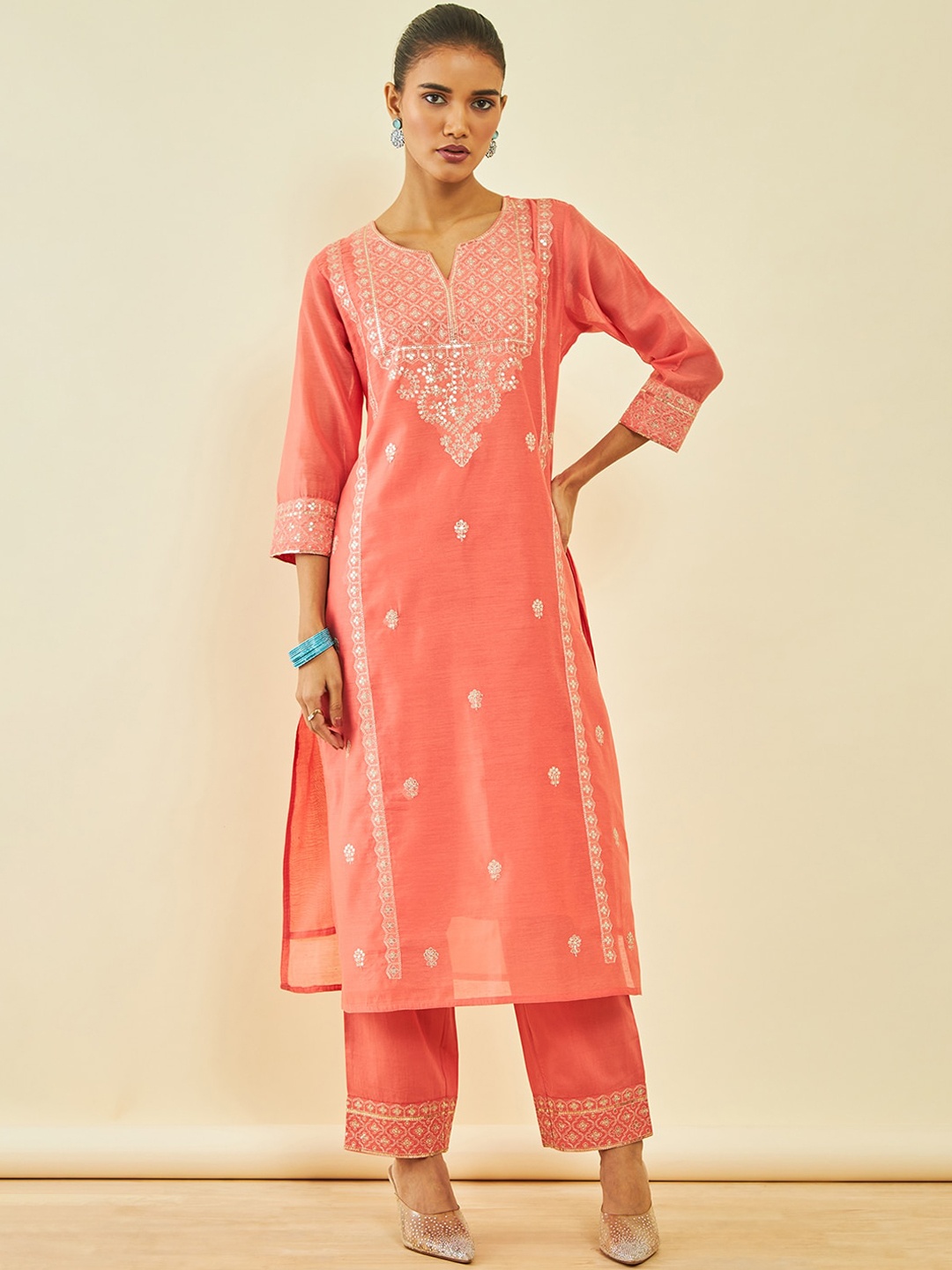 

Soch Peach Coloured Floral Embroidered Chanderi Silk Kurta with Trousers & Dupatta