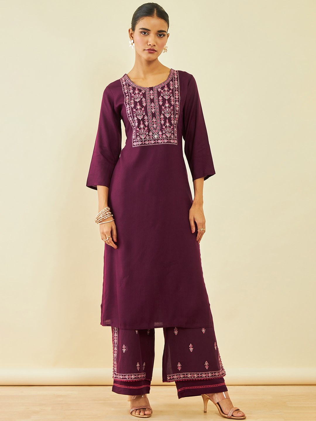

Soch Ethnic Motifs Embroidered Yoke Design Round Neck Straight Kurta With Palazzos, Burgundy