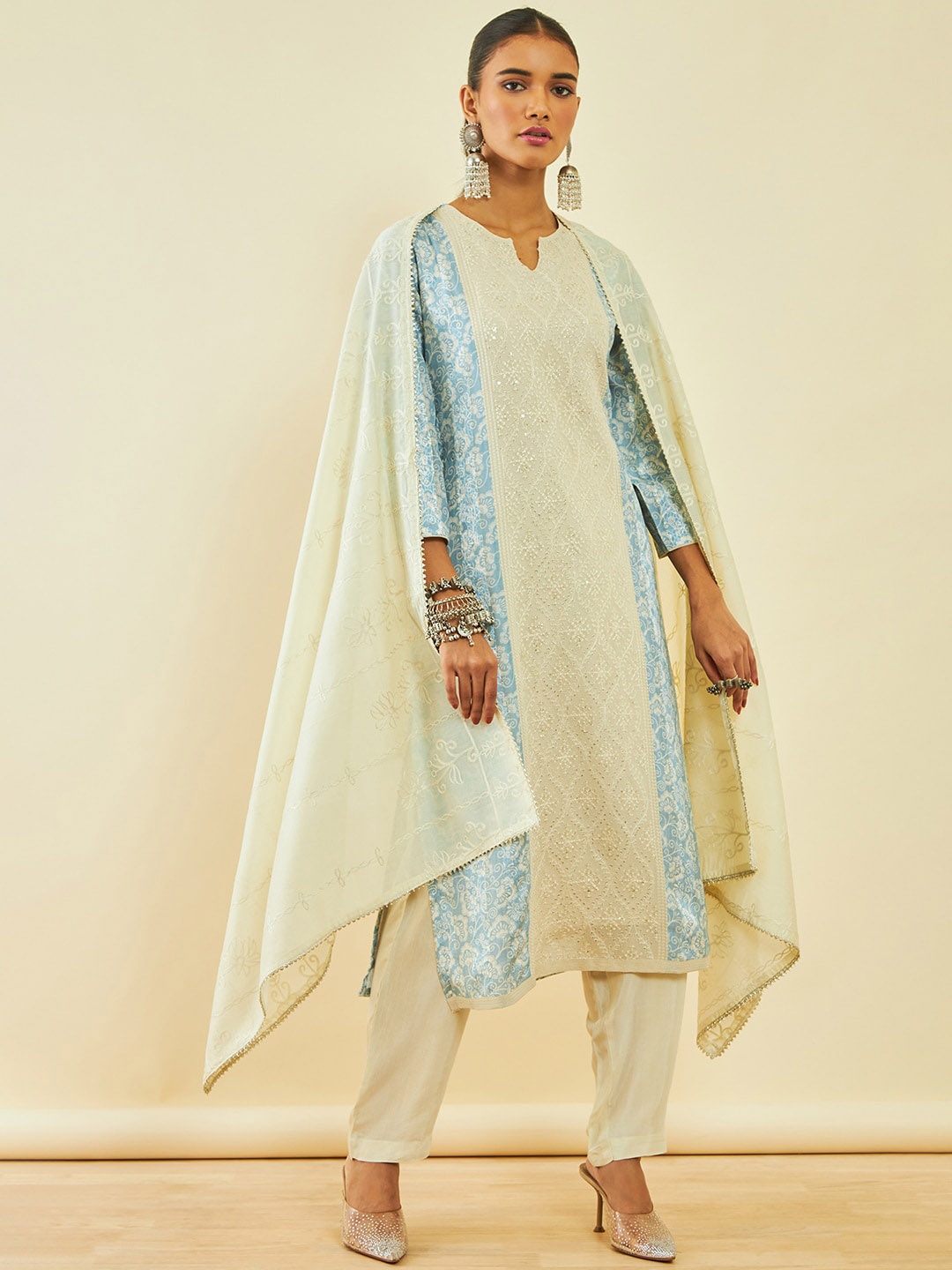 

Soch Floral Embroidered Sequinned Straight Kurta With Trousers & Dupatta, Blue