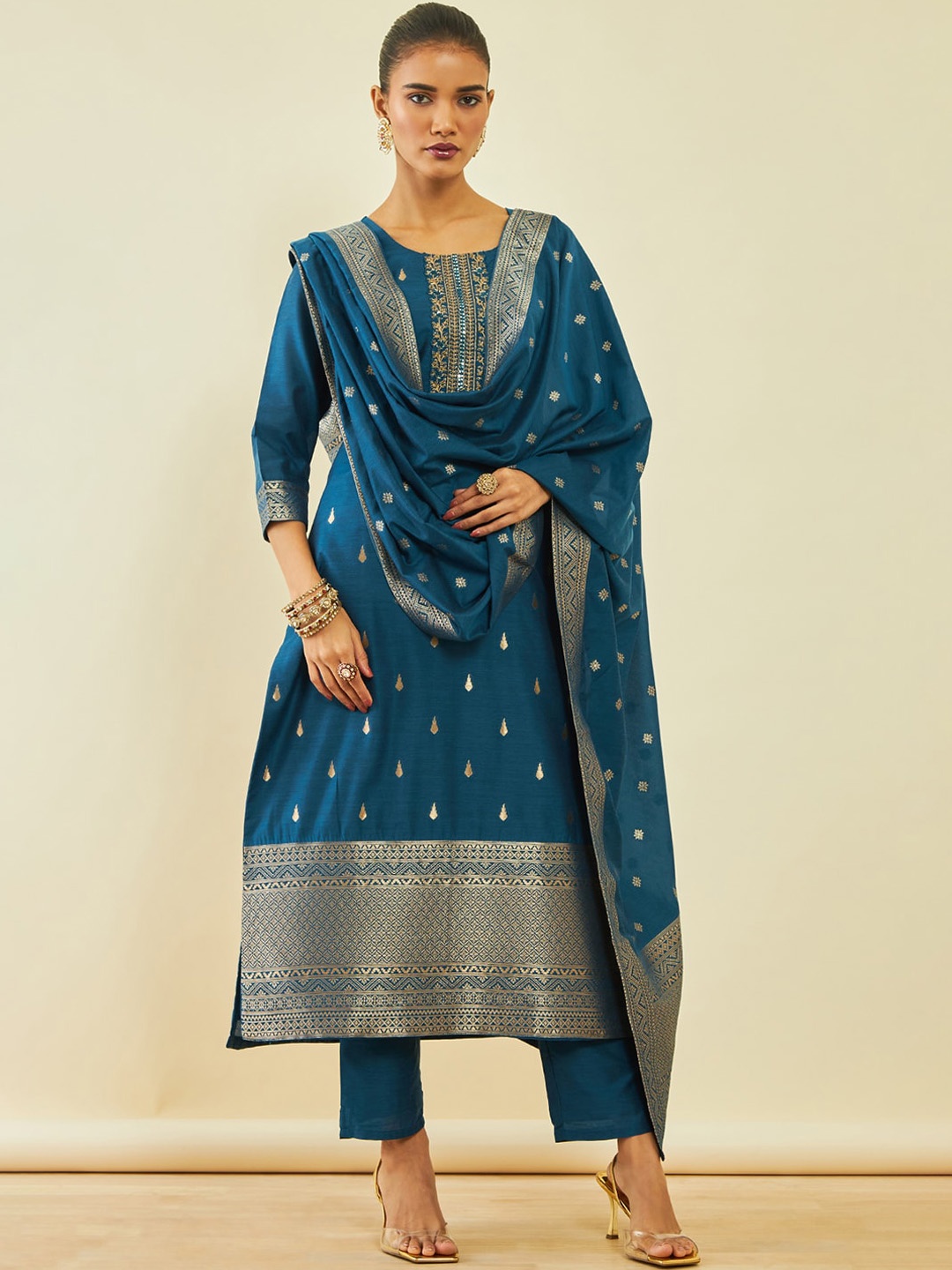 

Soch Ethnic Motifs Straight Woven Design Kurta With Trousers & Dupatta, Blue