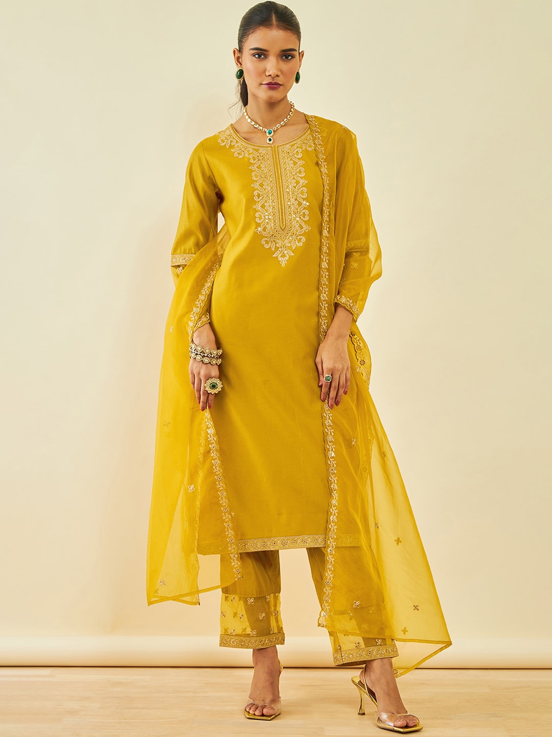 

Soch Ethnic Motifs Embroidered Regular Sequinned Straight Kurta With Trousers & Dupatta, Mustard