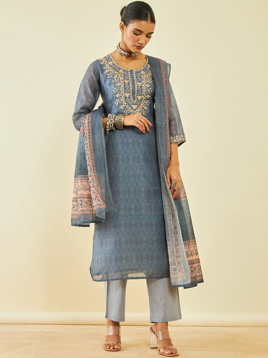 

Soch Ethnic Motifs Embroidered Sequinned Straight Kurta With Trousers & Dupatta, Grey