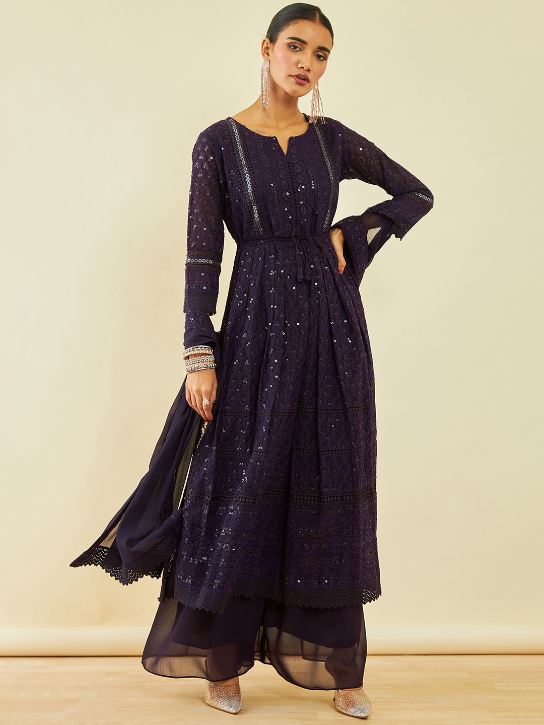 

Soch Ethnic Motifs Embroidered Pleated Sequinned A-Line Kurta With Palazzos & Dupatta, Blue