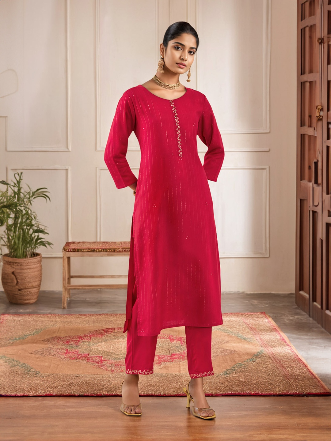 

Soch Striped Embroidered Straight Kurta With Trousers, Red