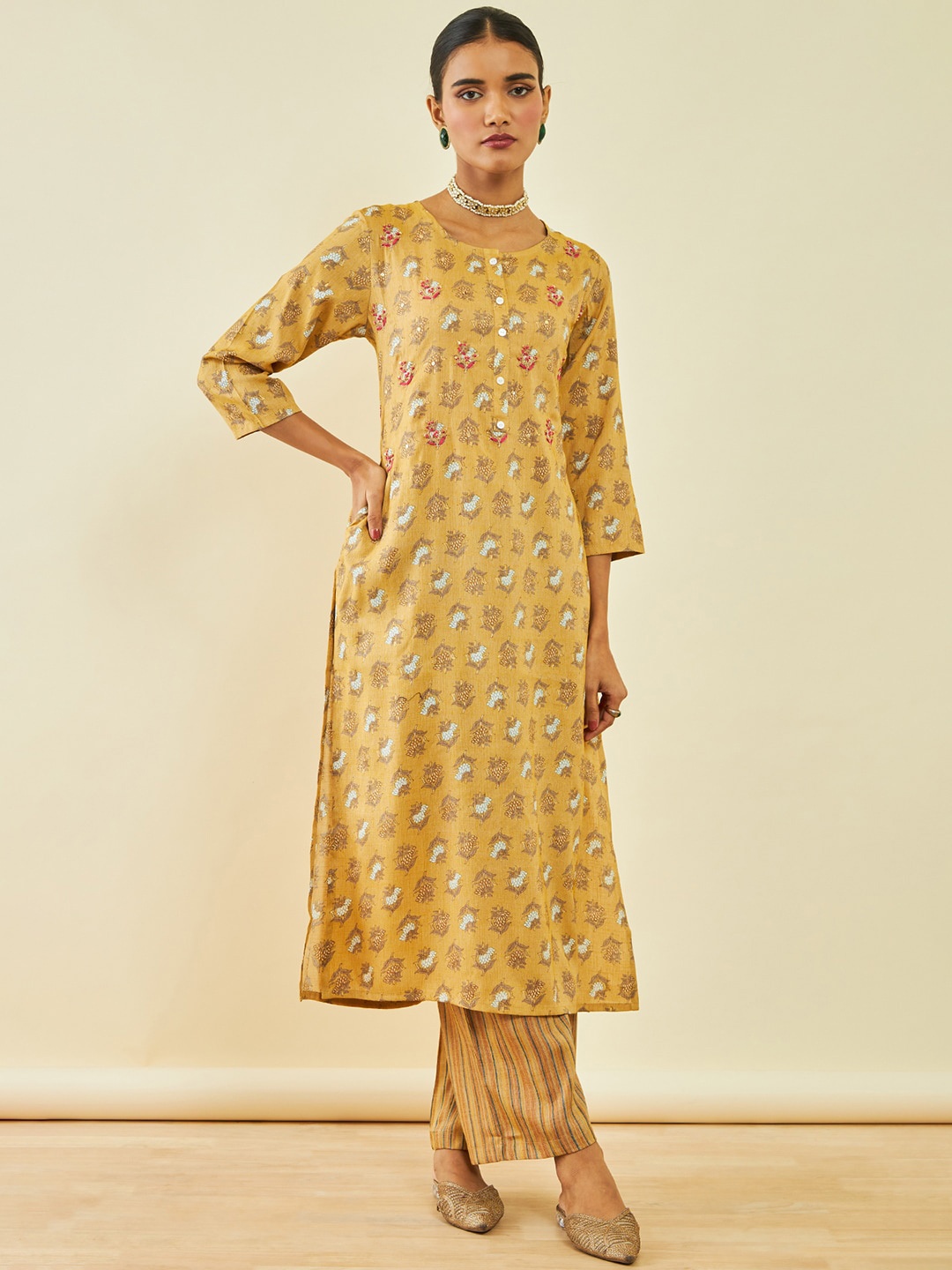 

Soch Floral Embroidered Round Neck Sequinned Straight Kurta With Trousers, Mustard