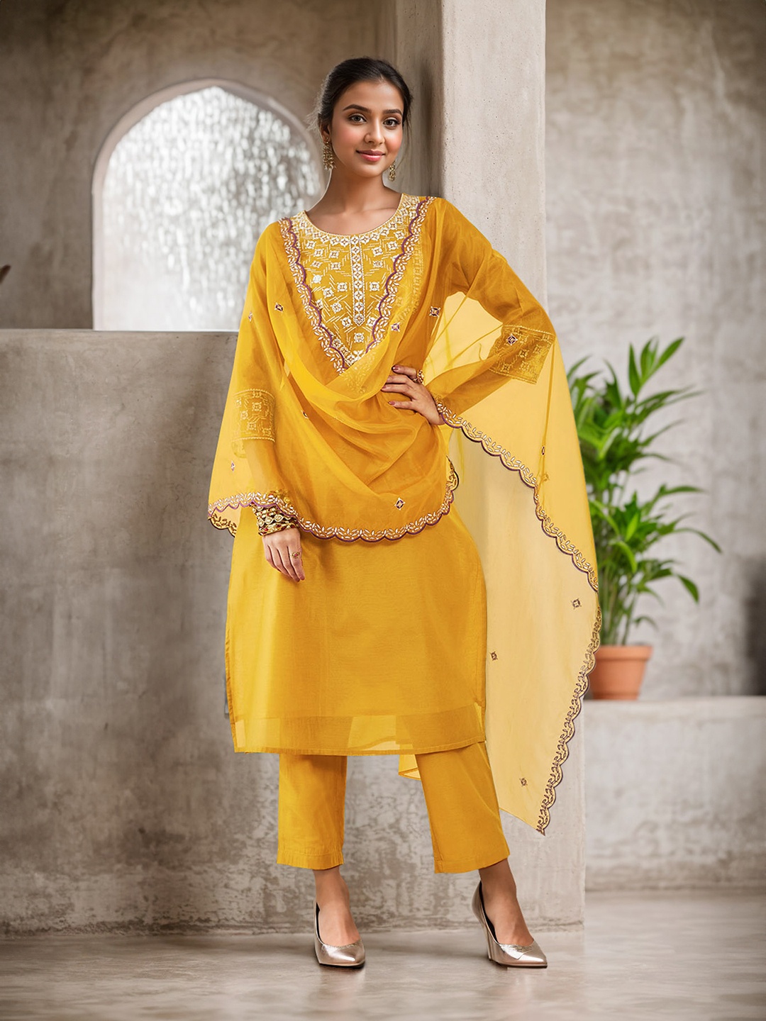 

Soch Floral Embroidered Round Neck Straight Kurta With Trousers & Dupatta, Mustard