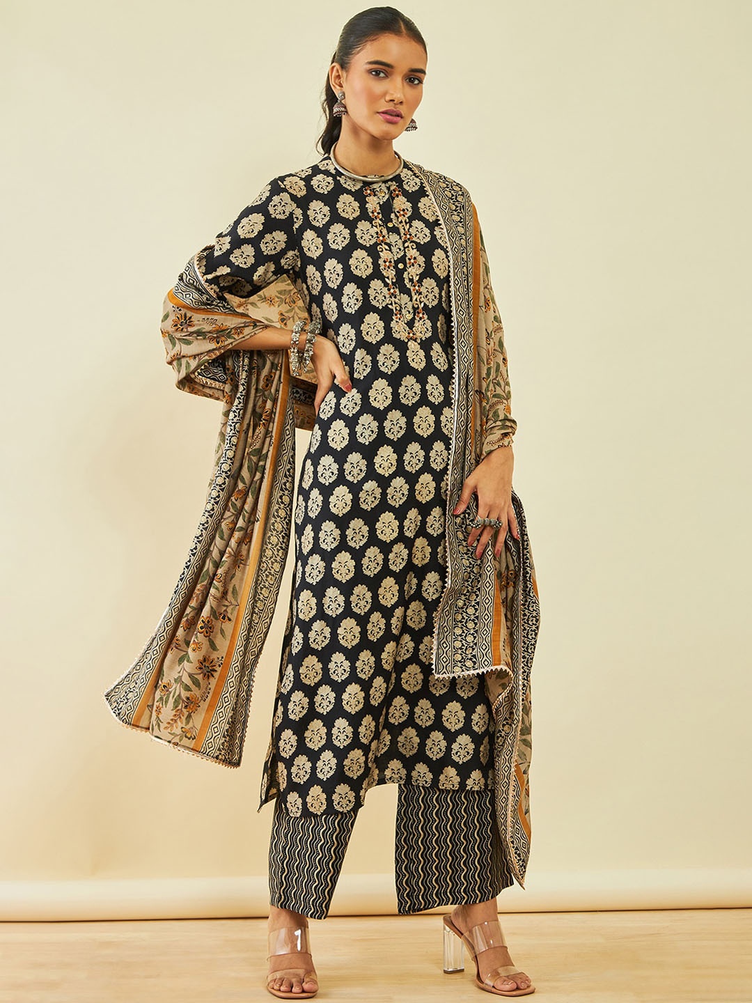 

Soch Floral Printed Straight Band Collar Kurta With Trousers & Dupatta, Black
